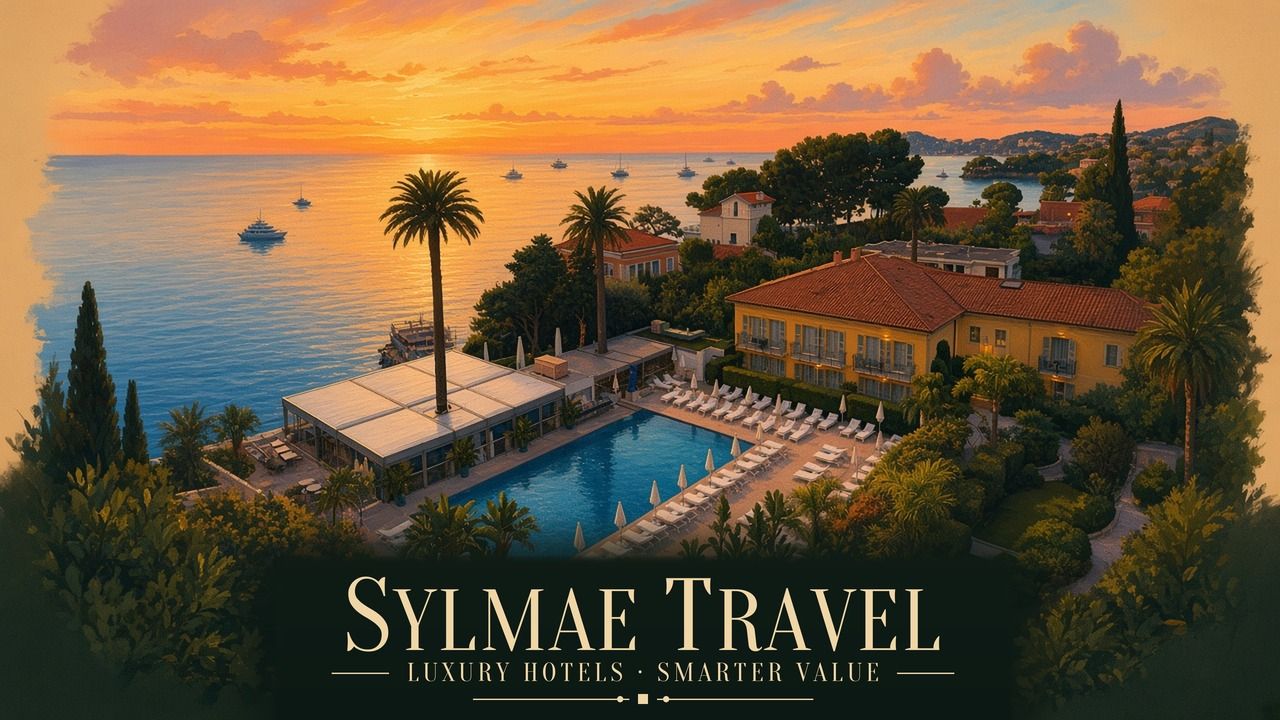 SylMae Travel poster reading Luxury hotels, smarter value: a Saint-Jean-Cap-Ferrat hotel with terracotta roof and pool among palms above a Mediterranean sunset