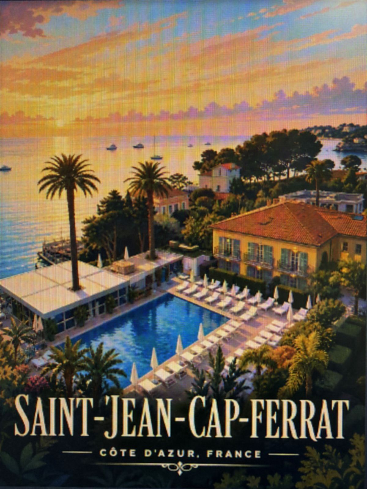 Vintage-style travel poster of Saint-Jean-Cap-Ferrat on the Côte d'Azur: a terracotta-roofed villa and turquoise pool among palms above a Mediterranean sunset